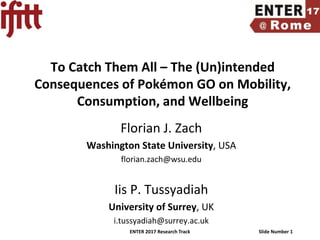 ENTER 2017 Research Track Slide Number 1
To Catch Them All – The (Un)intended
Consequences of Pokémon GO on Mobility,
Consumption, and Wellbeing
Florian J. Zach
Washington State University, USA
florian.zach@wsu.edu
Iis P. Tussyadiah
University of Surrey, UK
i.tussyadiah@surrey.ac.uk
 