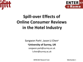 ENTER 2017 Research Track Slide Number 1
Spill-over Effects of
Online Consumer Reviews
in the Hotel Industry
Sangwon Parka
, Jason Li Chena
a
University of Surrey, UK
sangwon.park@surrey.ac.uk
l.chen@surrey.ac.uk
 