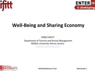 ENTER 2018 Research Track Slide Number 1
Well-Being and Sharing Economy
Lidija Lalicica
Department of Tourism and Service Management
MODUL University Vienna, Austria
lidija.lalicic@modul.ac.at
 