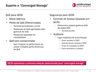 Suporte a “Converged Storage”

QoS para iSCSI                                                         Segurança para iSCSI
• Baixa latência                                                       • Controle de Acesso baseado em
• Perfis de QoS Diferenciados                                             perfis
   – Controle Centralizado e Único                                              – Diferencía e separa gerência SAN
                                                                                  de dados SAN
   – Mudanças de QoS agendadas pela
                                                                                         • Controle da SAN
     gerencia de rede
   – Mudanças baseadas em                                              • Auditoria
     necessidades                                                               – Log e históricos de autenticação
• QoS sem comprometer                                                                    •   Quem acessou a SAN?
                                                                                         •   Quando houve o acesso a SAN?
   – Sem impacto na performance ao
                                                                                         •   O que foi acessado na SAN?
     utilizar múltiplos perfis dinâmicos
                                                                                         •   Como aconteceu o acesso?
     de QoS




 iSCSI representa a primeira solução padronizada para “converged storage”


          © 2010 Enterasys Networks, Inc., A Division of Siemens Enterprise Communications GmbH & Co KG - All rights reserved.   13
 
