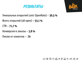 Уникальных открытий (unic OpenRate) – 36,5 %

Всего открытий (all open) – 53,1 %
CTR – 71,7 %

Конверсия в заказы – 3,8 %
Писем от клиентов – 70

 