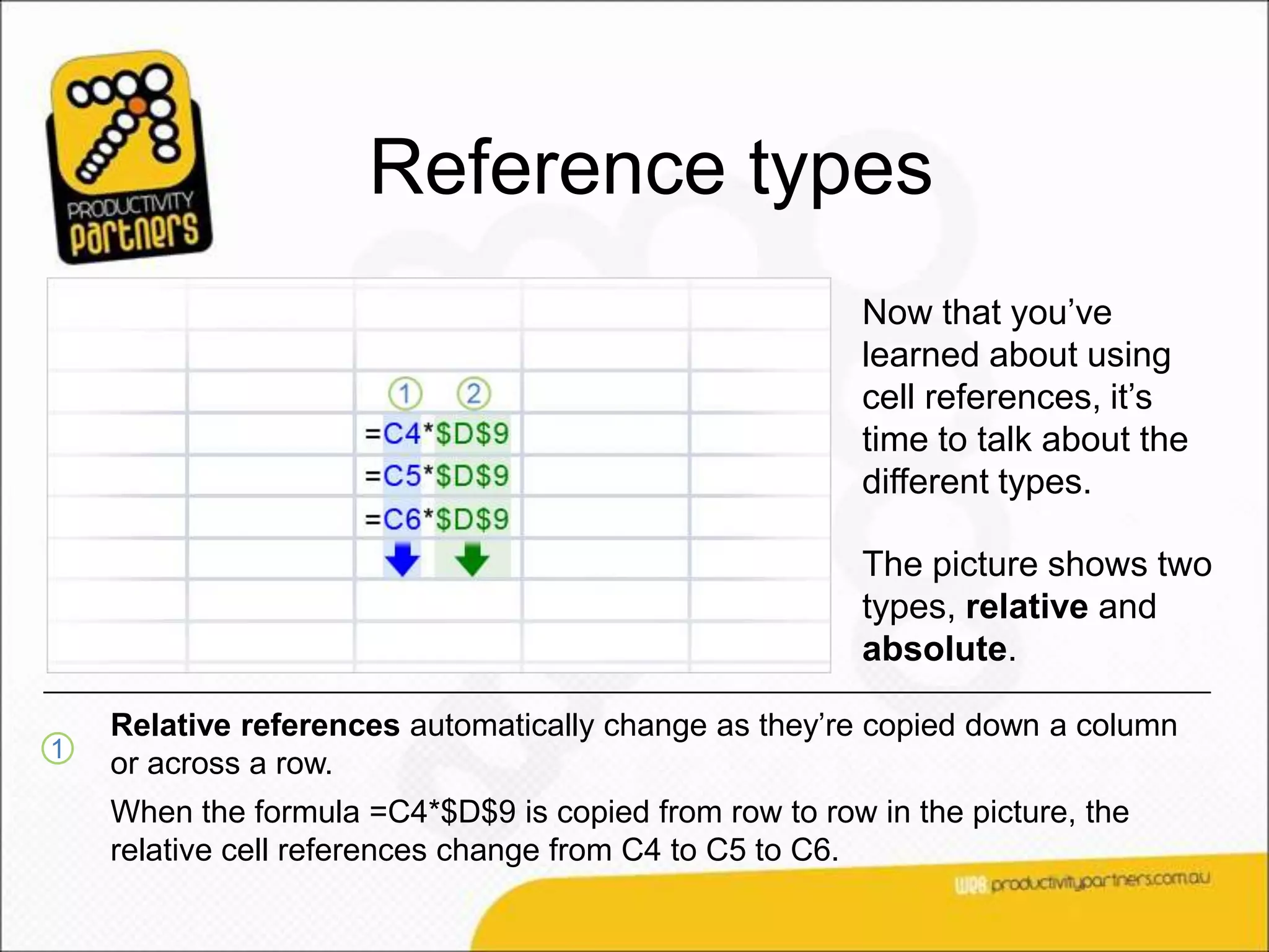 Reference types
                                                        Now that you’ve
                                                        learned about using
                                                        cell references, it’s
                                                        time to talk about the
                                                        different types.

                                                        The picture shows two
                                                        types, relative and
                                                        absolute.

    Relative references automatically change as they’re copied down a column
1
    or across a row.
    When the formula =C4*$D$9 is copied from row to row in the picture, the
    relative cell references change from C4 to C5 to C6.
 