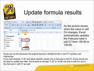 Update formula results

                                                                  As the picture shows,
                                                                  when the value in cell
                                                                  C4 changes, Excel
                                                                  automatically updates
                                                                  the February total in
                                                                  cell C7 from 126.93 to
                                                                  130.92.


Excel can do this because the original formula =SUM(C3:C6) in cell C7 contains cell
references.
If you had entered 11.97 and other specific values into a formula in cell C7, Excel would not
be able to update the total. You’d have to change 11.97 to 15.96 not only in cell C4, but in
the formula in cell C7 as well.
 