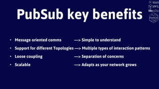 • Message oriented comms —> Simple to understand
• Support for different Topologies —> Multiple types of interaction patterns
• Loose coupling —> Separation of concerns
• Scalable —> Adapts as your network grows
PubSub key benefits
 