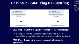 • GRAFT’ing - “I want to me part of your reciprocal full message”
• If the peer rejects, the other node still knows that I’m
interested in that topic and therefore will send me metadata
• PRUNE’ing - Dissolve a previous reciprocal full message
agreement.
Gossipsub - GRAFT’ing & PRUNE’ing
 