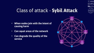Class of attack - Sybil Attack
😈
😈
😈
😈
• When nodes join with the intent of
causing harm
• Can squat areas of the network
• Can degrade the quality of the
service
 
