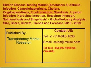Enteric Disease Testing Market (Amebiasis, C.difficile
Infection, Campylobacteriosis, Cholera,
Cryptosporidiosis, E.coli Infection, Giardiasis, H.pylori
Infection, Norovirus Infection, Rotavirus Infection,
Salmonellosis and Shigellosis) - Global Industry Analysis,
Size, Share, Growth, Trends and Forecast, 2013 - 2019
Published By:
Transparency Market
Research
Contact US:
Tel: +1-518-618-1030
Email: sales@mrrse.com
Toll Free : 866-997-4948 (US-
CANADA)
 