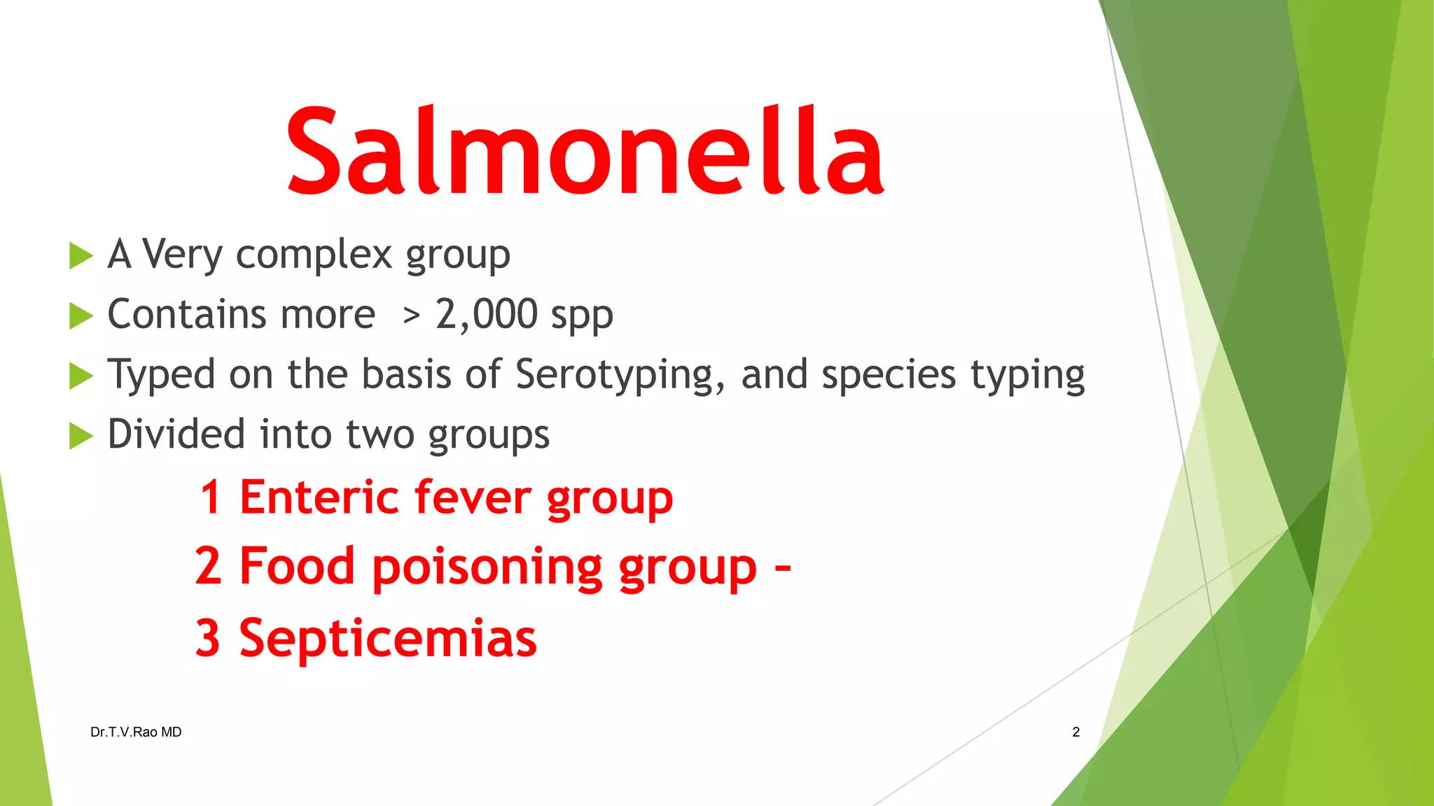 Salmonella
A Very complex group
Contains more > 2,000 spp
Typed on the basis of Serotyping, and species typing
Divided into two groups
1 Enteric fever group
2 Food poisoning group –
3 Septicemias
Dr.T.V.Rao MD
2