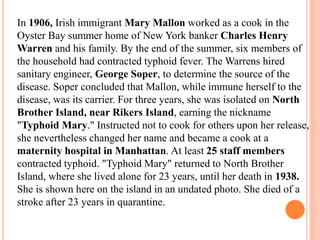 In 1906, Irish immigrant Mary Mallon worked as a cook in the
Oyster Bay summer home of New York banker Charles Henry
Warren and his family. By the end of the summer, six members of
the household had contracted typhoid fever. The Warrens hired
sanitary engineer, George Soper, to determine the source of the
disease. Soper concluded that Mallon, while immune herself to the
disease, was its carrier. For three years, she was isolated on North
Brother Island, near Rikers Island, earning the nickname
"Typhoid Mary." Instructed not to cook for others upon her release,
she nevertheless changed her name and became a cook at a
maternity hospital in Manhattan. At least 25 staff members
contracted typhoid. "Typhoid Mary" returned to North Brother
Island, where she lived alone for 23 years, until her death in 1938.
She is shown here on the island in an undated photo. She died of a
stroke after 23 years in quarantine.
 