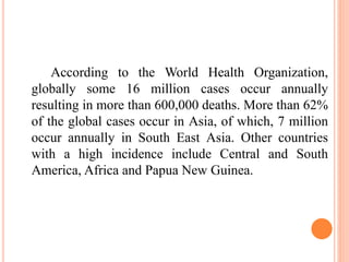 According to the World Health Organization,
globally some 16 million cases occur annually
resulting in more than 600,000 deaths. More than 62%
of the global cases occur in Asia, of which, 7 million
occur annually in South East Asia. Other countries
with a high incidence include Central and South
America, Africa and Papua New Guinea.
 