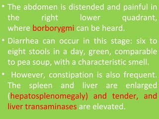 • The abdomen is distended and painful in 
the  right  lower  quadrant, 
where borborygmi can be heard. 
• Diarrhea  can  occur  in  this  stage:  six  to 
eight stools in a day, green, comparable 
to pea soup, with a characteristic smell.
•   However,  constipation  is  also  frequent. 
The  spleen  and  liver  are  enlarged 
(hepatosplenomegaly)  and  tender,  and 
liver transaminases are elevated.
 
