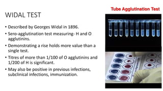 WIDAL TEST
• Described by Georges Widal in 1896.
• Sero-agglutination test measuring- H and O
agglutinins.
• Demonstrating a rise holds more value than a
single test.
• Titres of more than 1/100 of O agglutinins and
1/200 of H is significant.
• May also be positive in previous infections,
subclinical infections, immunization.
 