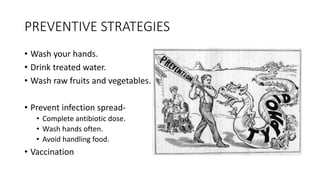 PREVENTIVE STRATEGIES
• Wash your hands.
• Drink treated water.
• Wash raw fruits and vegetables.
• Prevent infection spread-
• Complete antibiotic dose.
• Wash hands often.
• Avoid handling food.
• Vaccination
 