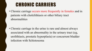 CHRONIC CARRIERS
• Chronic carriage occurs more frequently in females and in
patients with cholelithiasis or other biliary tract
abnormalities
• Chronic carriage in the urine is rare and almost always
associated with an abnormality in the urinary tract (eg,
urolithiasis, prostatic hyperplasia) or concurrent bladder
infection with Schistosoma
 