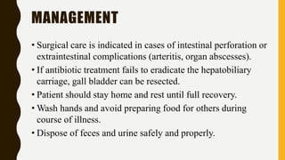 MANAGEMENT
• Surgical care is indicated in cases of intestinal perforation or
extraintestinal complications (arteritis, organ abscesses).
• If antibiotic treatment fails to eradicate the hepatobiliary
carriage, gall bladder can be resected.
• Patient should stay home and rest until full recovery.
• Wash hands and avoid preparing food for others during
course of illness.
• Dispose of feces and urine safely and properly.
 