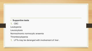 • Supportive tests
1. CBC
Leukopenia
Leucocytosis
Normochromic normocytic anaemia
Thrombocytopenia
1. LFTs may be deranged with involvement of liver .
 