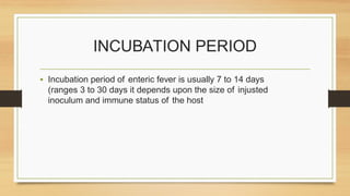 INCUBATION PERIOD
• Incubation period of enteric fever is usually 7 to 14 days
(ranges 3 to 30 days it depends upon the size of injusted
inoculum and immune status of the host
 