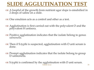  A loopful of the growth from nutrient agar slope is emulsified in
2 drops of saline on a slide.
 One emulsion acts as a control and other as a test.
 Agglutination is first carried out with the polyvalent O and the
polyvalent H antisera.
 Positive agglutination indicates that the isolate belong to genus
salmonella.
 Then if S.typhi is suspected, agglutination with O anti serum is
done.
 Prompt agglutination indicates that the isolate belong to group
D salmonella.
 S.typhi is confirmed by the agglutination with O anti serum.
Enteric fever 35
SLIDE AGGLUTINATION TEST
 