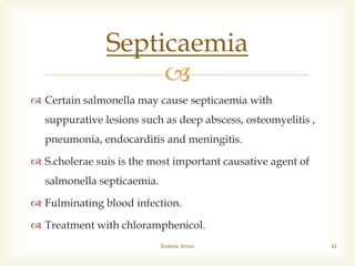
 Certain salmonella may cause septicaemia with
suppurative lesions such as deep abscess, osteomyelitis ,
pneumonia, endocarditis and meningitis.
 S.cholerae suis is the most important causative agent of
salmonella septicaemia.
 Fulminating blood infection.
 Treatment with chloramphenicol.
Enteric fever 41
Septicaemia
 