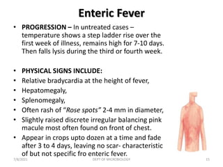 Enteric Fever
• PROGRESSION – In untreated cases –
temperature shows a step ladder rise over the
first week of illness, remains high for 7-10 days.
Then falls lysis during the third or fourth week.
• PHYSICAL SIGNS INCLUDE:
• Relative bradycardia at the height of fever,
• Hepatomegaly,
• Splenomegaly,
• Often rash of “Rose spots” 2-4 mm in diameter,
• Slightly raised discrete irregular balancing pink
macule most often found on front of chest.
• Appear in crops upto dozen at a time and fade
after 3 to 4 days, leaving no scar- characteristic
of but not specific fro enteric fever.
7/8/2021 DEPT OF MICROBIOLOGY 15
 