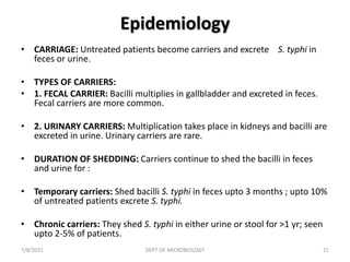 Epidemiology
• CARRIAGE: Untreated patients become carriers and excrete S. typhi in
feces or urine.
• TYPES OF CARRIERS:
• 1. FECAL CARRIER: Bacilli multiplies in gallbladder and excreted in feces.
Fecal carriers are more common.
• 2. URINARY CARRIERS: Multiplication takes place in kidneys and bacilli are
excreted in urine. Urinary carriers are rare.
• DURATION OF SHEDDING: Carriers continue to shed the bacilli in feces
and urine for :
• Temporary carriers: Shed bacilli S. typhi in feces upto 3 months ; upto 10%
of untreated patients excrete S. typhi.
• Chronic carriers: They shed S. typhi in either urine or stool for >1 yr; seen
upto 2-5% of patients.
7/8/2021 DEPT OF MICROBIOLOGY 21
 