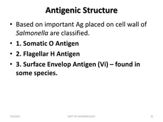 Antigenic Structure
• Based on important Ag placed on cell wall of
Salmonella are classified.
• 1. Somatic O Antigen
• 2. Flagellar H Antigen
• 3. Surface Envelop Antigen (Vi) – found in
some species.
7/8/2021 DEPT OF MICROBIOLOGY 32
 