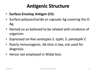 Antigenic Structure
• Surface Envelop Antigen (Vi):
• Surface polysaccharide or capsular Ag covering the O
Ag.
• Named so as believed to be related with virulence of
organism.
• Expressed on few serotypes S. typhi, S. paratyphi C
• Poorly immunogenic, Ab titre is low, not used for
diagnosis.
• Hence not employed in Widal test.
7/8/2021 DEPT OF MICROBIOLOGY 34
 