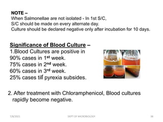 NOTE –
When Salmonellae are not isolated - In 1st S/C,
S/C should be made on every alternate day.
Culture should be declared negative only after incubation for 10 days.
Significance of Blood Culture –
1.Blood Cultures are positive in
90% cases in 1st week.
75% cases in 2nd week.
60% cases in 3rd week.
25% cases till pyrexia subsides.
2. After treatment with Chloramphenicol, Blood cultures
rapidly become negative.
7/8/2021 DEPT OF MICROBIOLOGY 38
 