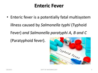 Enteric Fever
• Enteric fever is a potentially fatal multisystem
illness caused by Salmonella typhi (Typhoid
Fever) and Salmonella paratyphi A, B and C
(Paratyphoid fever).
7/8/2021 DEPT OF MICROBIOLOGY 5
 