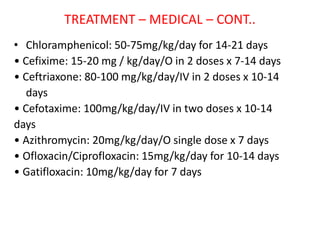 TREATMENT – MEDICAL – CONT..
• Chloramphenicol: 50‐75mg/kg/day for 14‐21 days
• Cefixime: 15‐20 mg / kg/day/O in 2 doses x 7‐14 days
• Ceftriaxone: 80‐100 mg/kg/day/IV in 2 doses x 10‐14
days
• Cefotaxime: 100mg/kg/day/IV in two doses x 10‐14
days
• Azithromycin: 20mg/kg/day/O single dose x 7 days
• Ofloxacin/Ciprofloxacin: 15mg/kg/day for 10‐14 days
• Gatifloxacin: 10mg/kg/day for 7 days
 