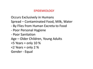 EPIDEMIOLOGY
Occurs Exclusively in Humans
Spread – Contaminated Food, Milk, Water
‐ By Flies from Human Excreta to Food
‐ Poor Personal Hygiene
‐ Poor Sanitation
Age – Older Children, Young Adults
<5 Years = only 10 %
<2 Years = only 2 %
Gender ‐ Equal
 