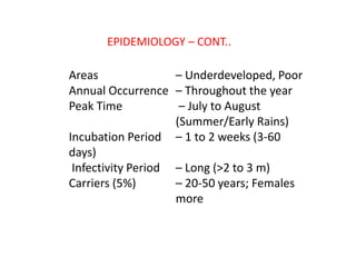 EPIDEMIOLOGY – CONT..
Areas – Underdeveloped, Poor
Annual Occurrence – Throughout the year
Peak Time – July to August
(Summer/Early Rains)
Incubation Period – 1 to 2 weeks (3‐60
days)
Infectivity Period – Long (>2 to 3 m)
Carriers (5%) – 20‐50 years; Females
more
 