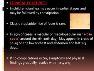  CLINICAL FEATURES:
 In children diarrhea may occur in earlier stages and
may be followed by constipation.
 Classic stepladder rise of fever is rare.
 In 25% of cases, a macular or maculopapular rash (rose
spots) around the 7th-10th day; May appear in crops of
10-15 on the lower chest and abdomen and last 2-3
days.
 If no complications occur, symptoms and physical
findings gradually resolve within 2-4 wk;
 