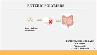 ENTERIC POLYMERS
RAMESHWAR K. KHILLARE
M.S Pharm.
Pharmaceutics
NIPER-Ahmedabad 1
Drug + Polymer
formulation
 