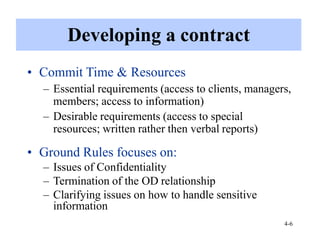 • Commit Time & Resources
– Essential requirements (access to clients, managers,
members; access to information)
– Desirable requirements (access to special
resources; written rather then verbal reports)
• Ground Rules focuses on:
– Issues of Confidentiality
– Termination of the OD relationship
– Clarifying issues on how to handle sensitive
information
4-6
Developing a contract
 