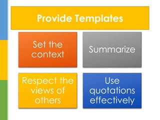 Set the
context
Summarize
Respect the
views of
others
Use
quotations
effectively
Provide Templates
 