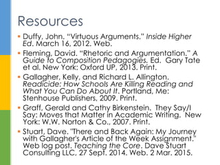  Duffy, John. “Virtuous Arguments.” Inside Higher
Ed. March 16, 2012. Web.
 Fleming, David. “Rhetoric and Argumentation.” A
Guide to Composition Pedagogies. Ed. Gary Tate
et al. New York: Oxford UP, 2013. Print.
 Gallagher, Kelly, and Richard L. Allington.
Readicide: How Schools Are Killing Reading and
What You Can Do About It. Portland, Me:
Stenhouse Publishers, 2009. Print.
 Graff, Gerald and Cathy Birkenstein. They Say/I
Say: Moves that Matter in Academic Writing. New
York: W.W. Norton & Co., 2007. Print.
 Stuart, Dave. "There and Back Again: My Journey
with Gallagher's Article of the Week Assignment."
Web log post. Teaching the Core. Dave Stuart
Consulting LLC, 27 Sept. 2014. Web. 2 Mar. 2015.
Resources
 