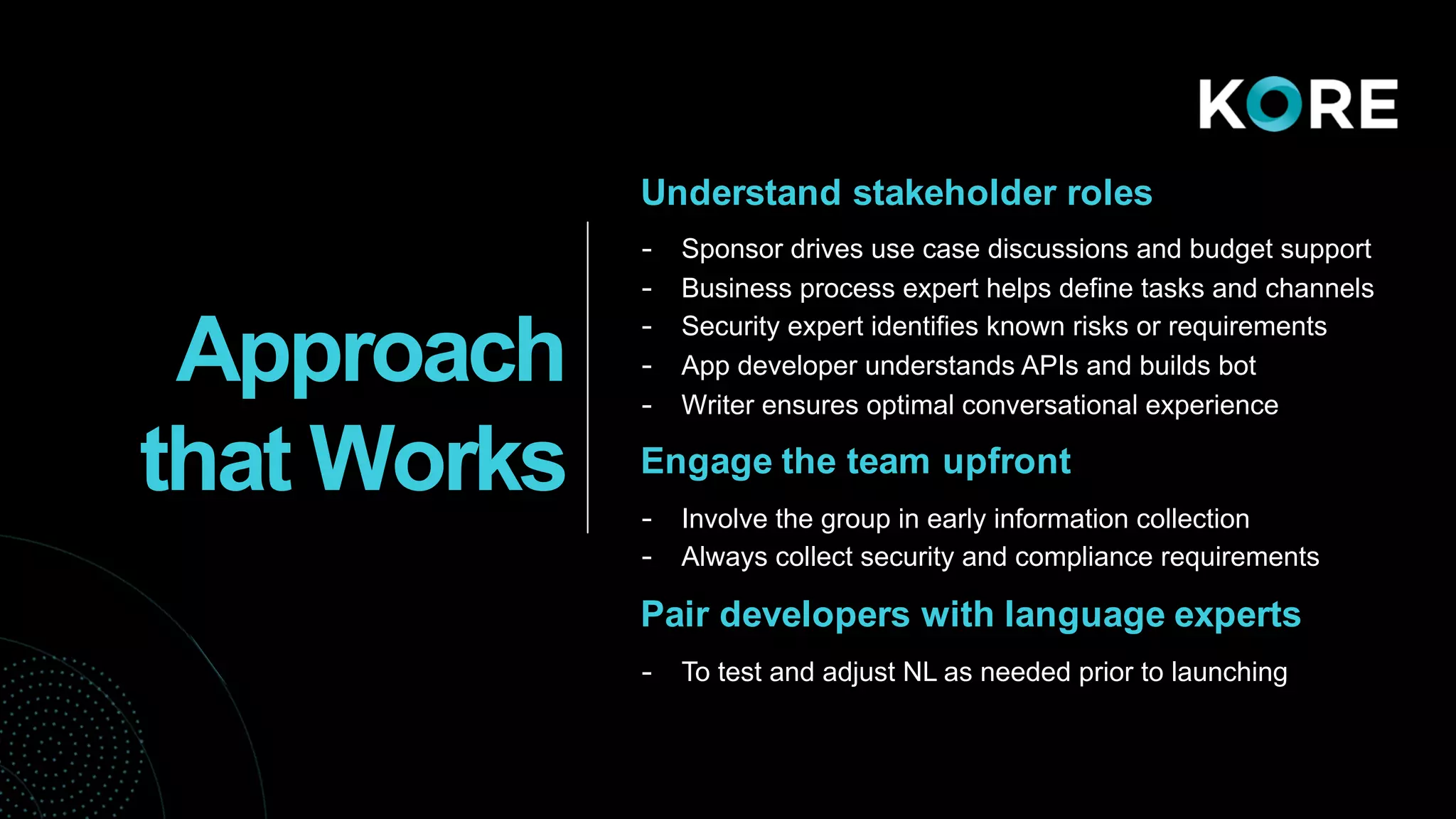 Understand stakeholder roles
- Sponsor drives use case discussions and budget support
- Business process expert helps define tasks and channels
- Security expert identifies known risks or requirements
- App developer understands APIs and builds bot
- Writer ensures optimal conversational experience
Engage the team upfront
- Involve the group in early information collection
- Always collect security and compliance requirements
Pair developers with language experts
- To test and adjust NL as needed prior to launching
Approach
that Works
 