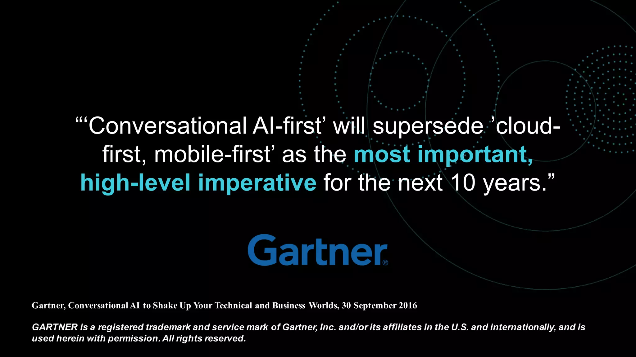 “‘Conversational AI-first’ will supersede ’cloud-
first, mobile-first’ as the most important,
high-level imperative for the next 10 years.”
Gartner, Conversational AI to Shake Up Your Technical and Business Worlds, 30 September 2016
GARTNER is a registered trademark and service mark of Gartner, Inc. and/or its affiliates in the U.S. and internationally, and is
used herein with permission. All rights reserved.
 