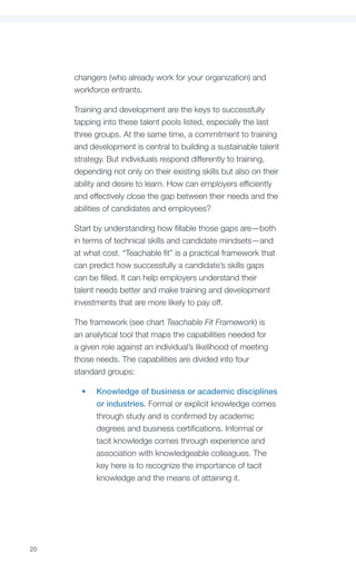 changers (who already work for your organization) and
     workforce entrants.

     Training and development are the keys to successfully
     tapping into these talent pools listed, especially the last
     three groups. At the same time, a commitment to training
     and development is central to building a sustainable talent
     strategy. But individuals respond differently to training,
     depending not only on their existing skills but also on their
     ability and desire to learn. How can employers efficiently
     and effectively close the gap between their needs and the
     abilities of candidates and employees?

     Start by understanding how fillable those gaps are—both
     in terms of technical skills and candidate mindsets—and
     at what cost. “Teachable fit” is a practical framework that
     can predict how successfully a candidate’s skills gaps
     can be filled. It can help employers understand their
     talent needs better and make training and development
     investments that are more likely to pay off.

     The framework (see chart Teachable Fit Framework) is
     an analytical tool that maps the capabilities needed for
     a given role against an individual’s likelihood of meeting
     those needs. The capabilities are divided into four
     standard groups:

       •	   Knowledge of business or academic disciplines
            or industries. Formal or explicit knowledge comes
            through study and is confirmed by academic
            degrees and business certifications. Informal or
            tacit knowledge comes through experience and
            association with knowledgeable colleagues. The
            key here is to recognize the importance of tacit
            knowledge and the means of attaining it.




20
 