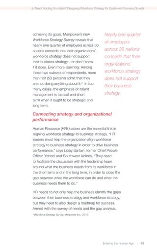 Is Talent Holding You Back? Designing Workforce Strategy for Sustained Business Growth




achieving its goals. Manpower’s new                    Nearly one quarter
Workforce Strategy Survey reveals that
                                                       of employers
nearly one quarter of employers across 36
nations concede that their organizations’              across 36 nations
workforce strategy does not support                    concede that their
their business strategy—or don’t know
                                                       organizations’
if it does. Even more alarming: Among
those two subsets of respondents, more                 workforce strategy
than half (53 percent) admit that they                 does not support
are not doing anything about it.3 In too
                                                       their business
many cases, the emphasis on talent
management is tactical and short                       strategy.
term when it ought to be strategic and
long term.

Connecting strategy and organizational
performance

Human Resource (HR) leaders are the essential link in
aligning workforce strategy to business strategy. “HR
leaders must help the organization align workforce
strategy to business strategy in order to drive business
performance,” says Libby Sartain, former Chief People
Officer, Yahoo! and Southwest Airlines. “They need
to facilitate the discussion with the leadership team
around what the business needs from its workforce in
the short term and in the long term, in order to close the
gap between what the workforce can do and what the
business needs them to do.”

HR needs to not only help the business identify the gaps
between their business strategy and workforce strategy,
but they need to also design a roadmap for success.
Armed with the survey of needs and the gap analysis,
3
    Workforce Strategy Survey, Manpower Inc., 2010.




                                                      Entering the Human Age    |   45
 