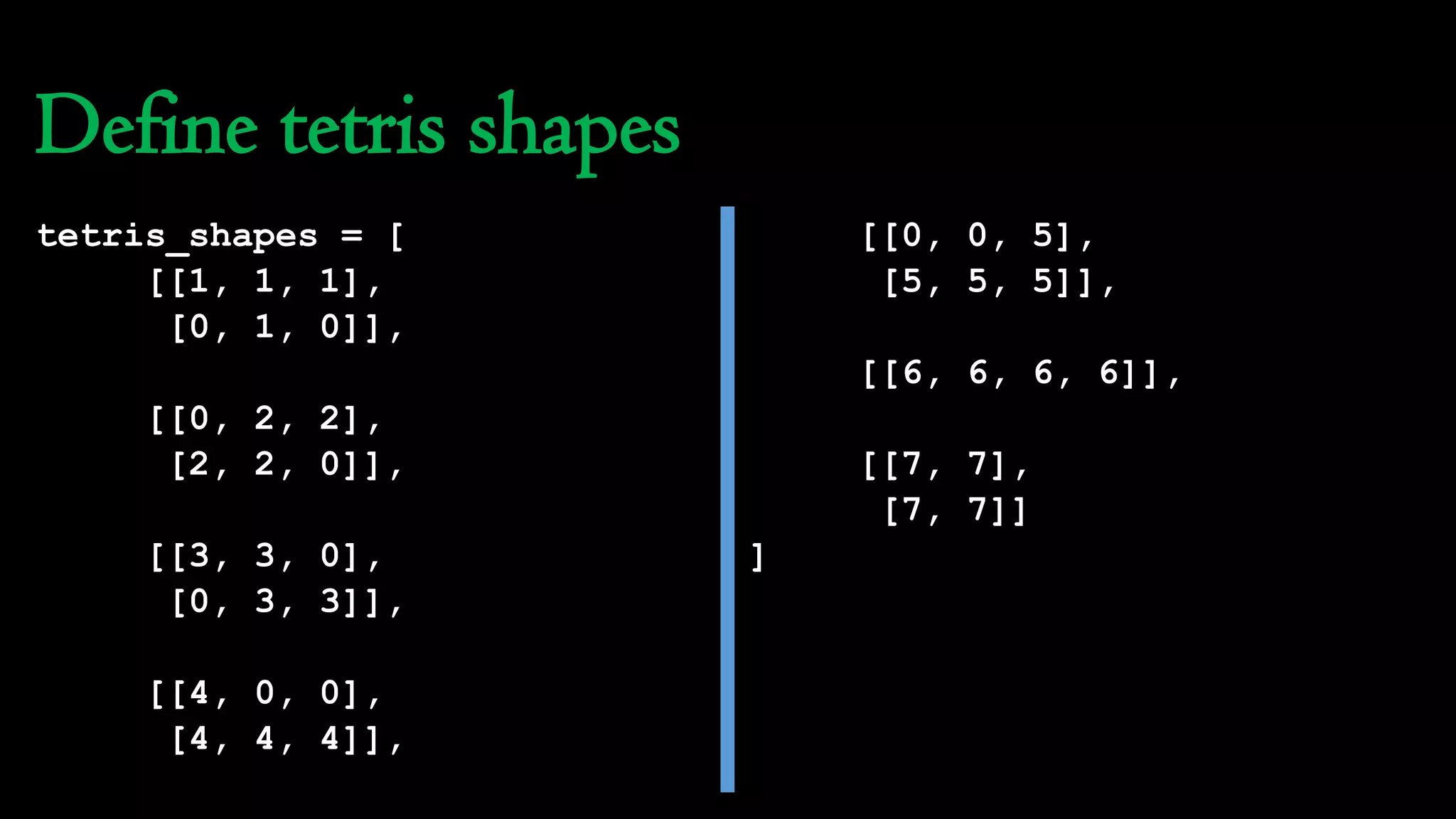 Define tetris shapes
tetris_shapes = [
[[1, 1, 1],
[0, 1, 0]],
[[0, 2, 2],
[2, 2, 0]],
[[3, 3, 0],
[0, 3, 3]],
[[4, 0, 0],
[4, 4, 4]],
[[0, 0, 5],
[5, 5, 5]],
[[6, 6, 6, 6]],
[[7, 7],
[7, 7]]
]
 