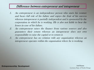 Difference between entrepreneur and intrapreneur
1. An entrepreneur is an independence person who starts his venture
and bears full risk of his failure and enjoys the fruit of his success
whereas intrapreneur is partially independent and is sponsored by the
corporation in which he is working. He is also not liable to bear the
losses in case of his failure.
2. An entrepreneur raises the finance from various sources and also
guarantees their return whereas an intrapreneur does not own
responsibility to raise the capital or to return it.
3. An entrepreneur has no relation with any organisation whereas an
intrapreneur operates within the organisation where he is working.
Entrepreneurship Development
 