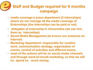 Staff and Budget required for 6 months
                 campaign
• media coverage:a press department (2 internships)
  where we can manage all the media coverage of
  Enternships (the internships can be paid or not)
• delegates of enternship in Universities (we can hire
  them as internships)
• Social Media Management (to ensure our presence on
  Internet)
• Marketing department: responsible for creative
  work, communication strategy, organisation of
  events, control of activities and different teams.
• most of the actions will be on social media channels
  and through word-of-mouth marketing, so that we will
  no spend so much money.
 