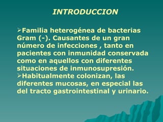 INTRODUCCION Familia heterogénea de bacterias Gram (-). Causantes de un gran número de infecciones , tanto en pacientes con inmunidad conservada como en aquellos con diferentes situaciones de inmunosupresión. Habitualmente colonizan, las diferentes mucosas, en especial las del tracto gastrointestinal y urinario. 