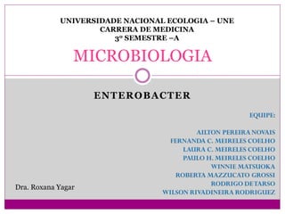 ENTEROBACTER
MICROBIOLOGIA
Dra. Roxana Yagar
UNIVERSIDADE NACIONAL ECOLOGIA – UNE
CARRERA DE MEDICINA
30 SEMESTRE –A
 