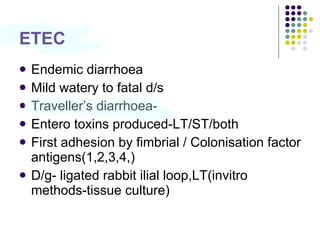 ETEC Endemic diarrhoea Mild watery to fatal d/s Traveller’s diarrhoea- Entero toxins produced-LT/ST/both First adhesion by fimbrial / Colonisation factor antigens(1,2,3,4,) D/g- ligated rabbit ilial loop,LT(invitro methods-tissue culture) 