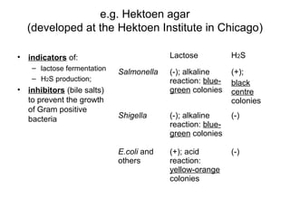 e.g. Hektoen agar
(developed at the Hektoen Institute in Chicago)
• indicators of:
– lactose fermentation
– H2S production;
• inhibitors (bile salts)
to prevent the growth
of Gram positive
bacteria
Lactose H2S
Salmonella (-); alkaline
reaction: blue-
green colonies
(+);
black
centre
colonies
Shigella (-); alkaline
reaction: blue-
green colonies
(-)
E.coli and
others
(+); acid
reaction:
yellow-orange
colonies
(-)
 