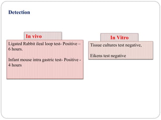 Detection
In vivo In Vitro
Ligated Rabbit ileal loop test- Positive –
6 hours.
Infant mouse intra gastric test- Positive -
4 hours
Tissue cultures test negative,
Eikens test negative
 