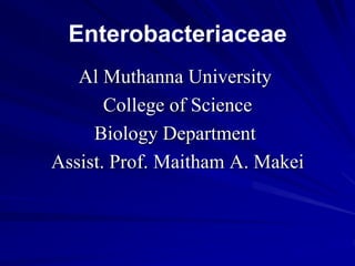 Enterobacteriaceae
Al Muthanna University
College of Science
Biology Department
Assist. Prof. Maitham A. Makei
 